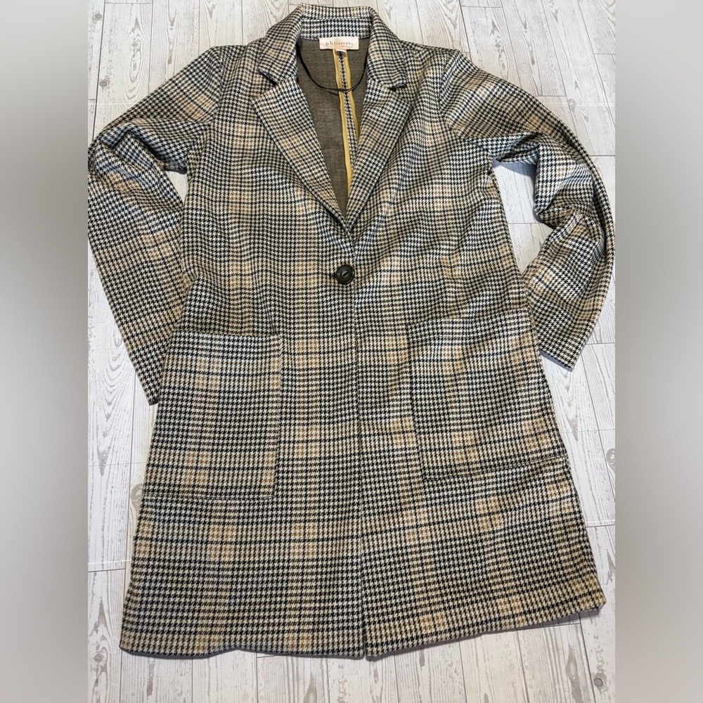Philosophy Houndstooth Plaid Longline Blazer XS Tan Black Coat
